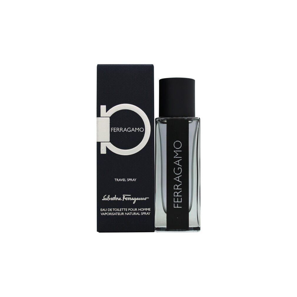 Eau de Toilette mit Verpackung. Schwarze Flasche mit schwarzem Deckel. Aufschrift: FERRAGAMO. Schwarze Verpackung mit Logo und Schriftzug.