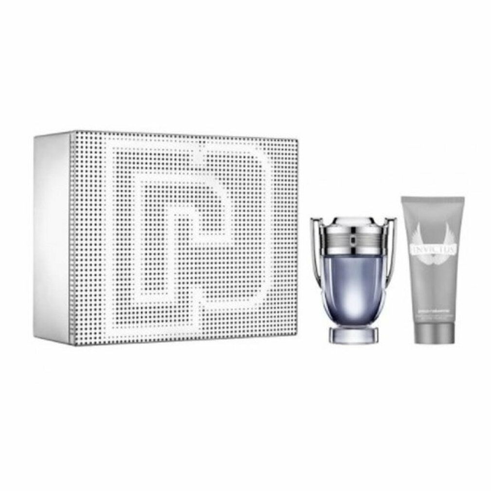 Paco Rabanne Invictus Parfümset mit Duschgel. Silberne Geschenkbox, Parfümflakon und Duschgelflasche.