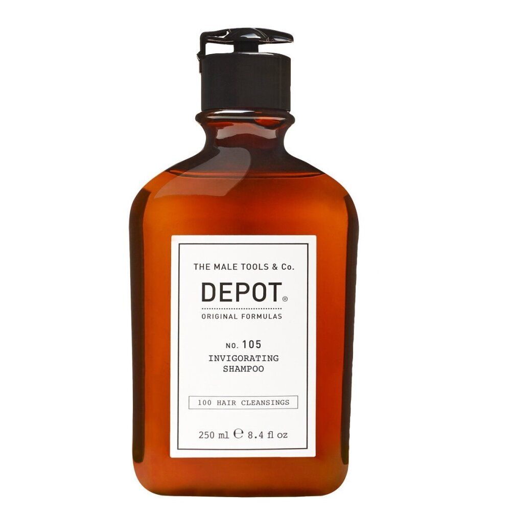 Braune Shampoo-Flasche mit schwarzem Pumpverschluss. Weißes Etikett mit Produktnamen und Text. 250 ml.