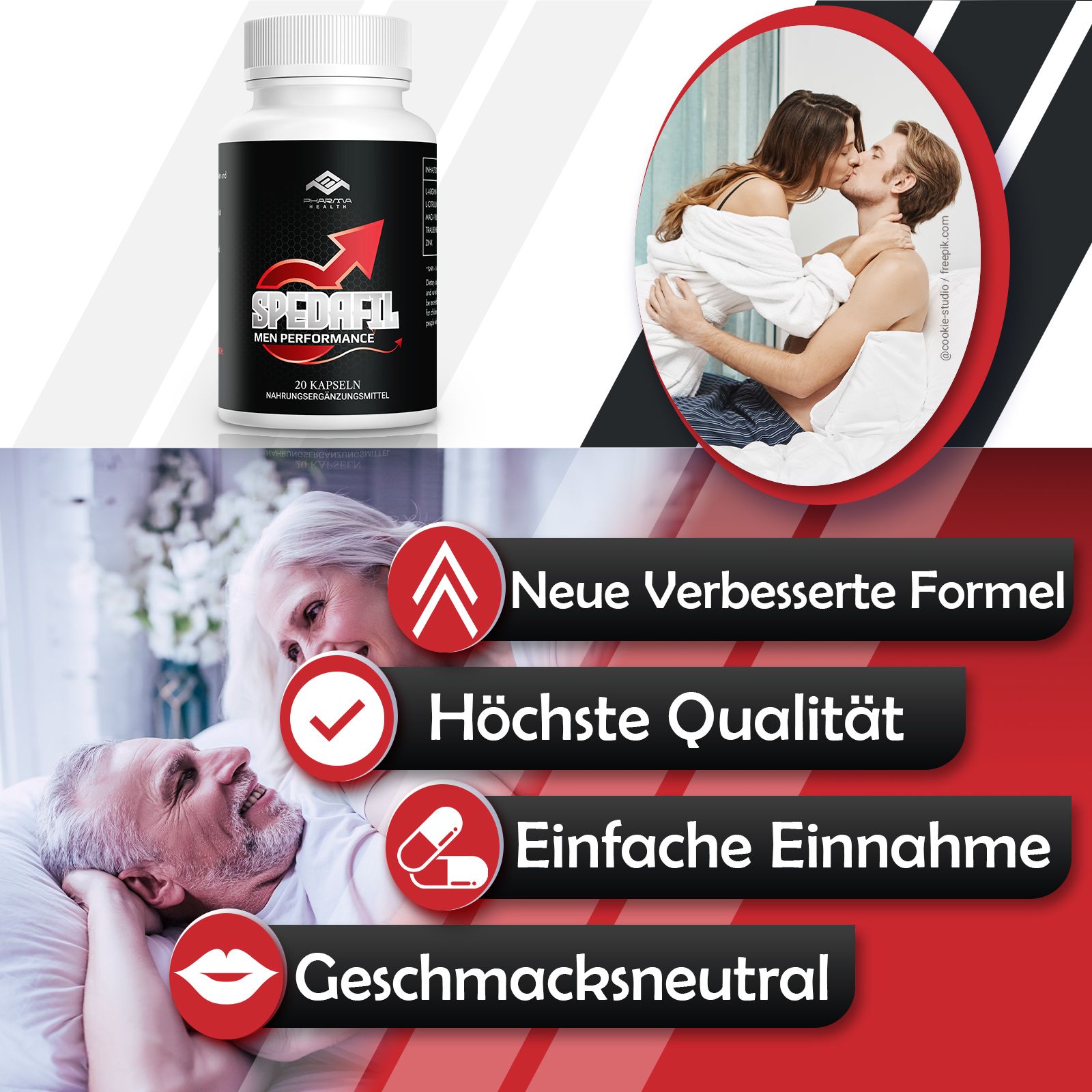 Weiße Flasche mit schwarzem Etikett. Roter Pfeil und Schriftzug Spedafil Men Performance. 20 Kapseln. Nahrungsergänzungsmittel.