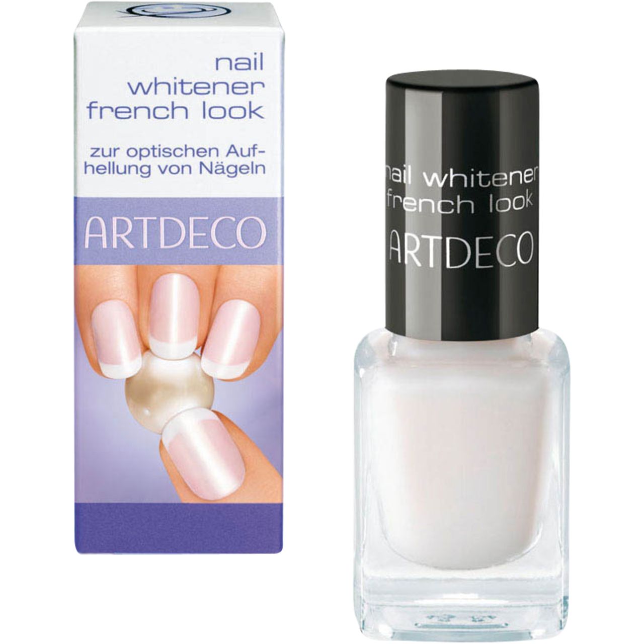 Nagellackflasche und Verpackung. Aufschrift: nail whitener french look, ARTDECO. Produktabbildung auf der Verpackung.