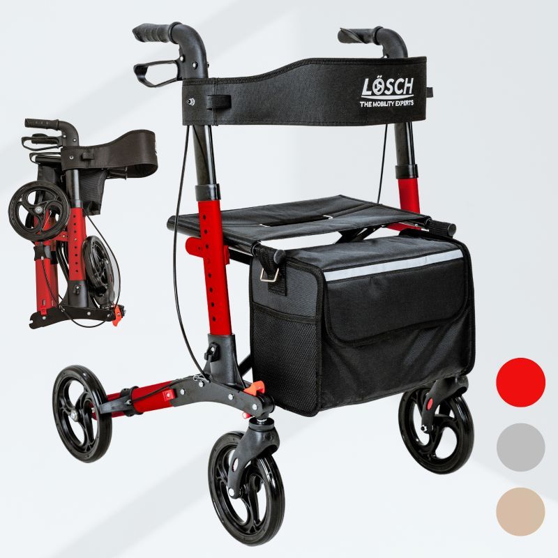 Rollator mit rotem Rahmen, schwarzem Sitz und Tasche. Zusammengeklappt daneben. Inklusive drei Farboptionen.