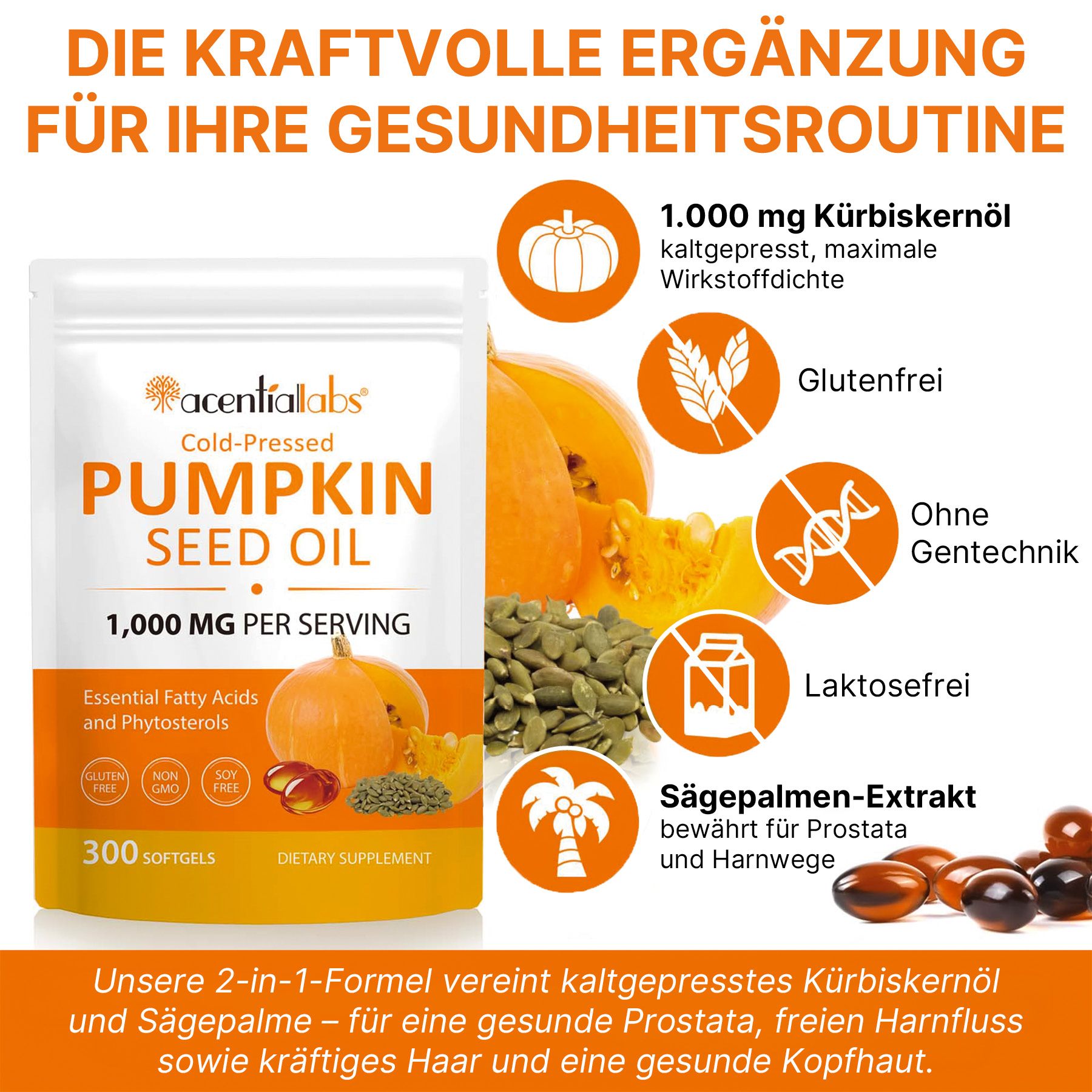 Acentiallabs Kürbiskernöl Sägepalmenöl Softgels Kapseln für Prostata Gesundheit Haare