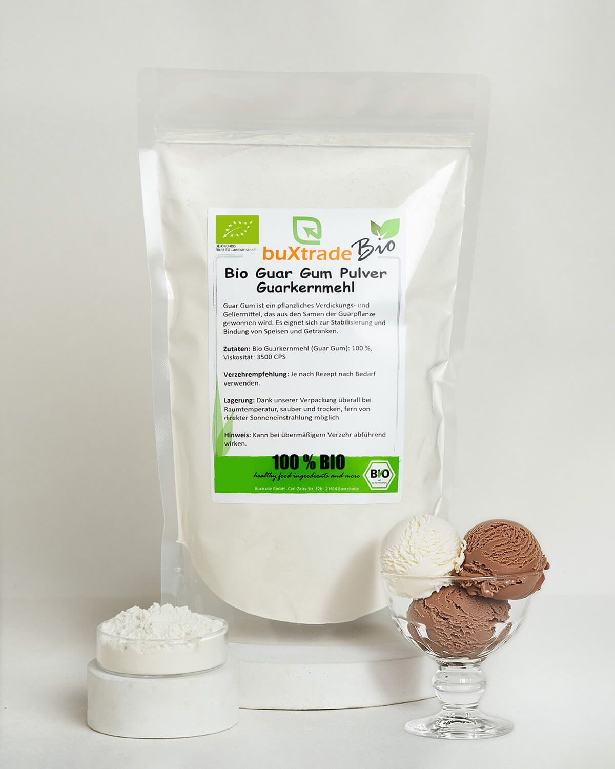 buXtrade Bio Guar Gum Pulver mit Eiscreme und Pulverprobe.