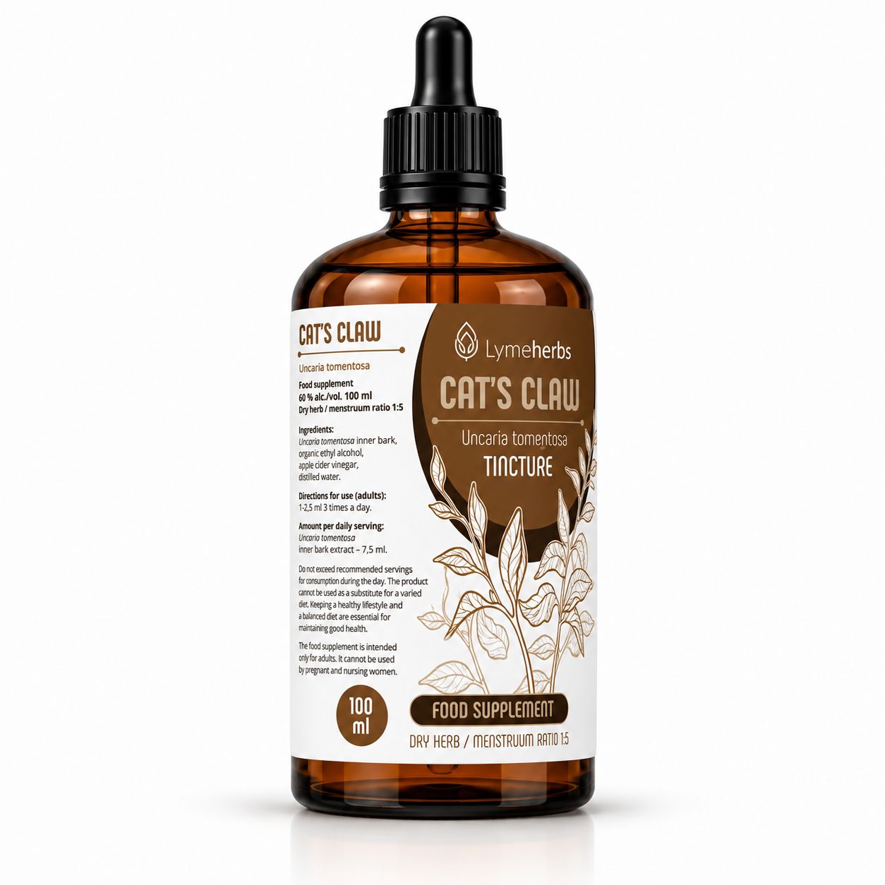 Braune Glasflasche mit Pipettenverschluss, Etikett mit Details zu 'Lymeherbs CAT'S CLAW TINCTURE', 100 ml.