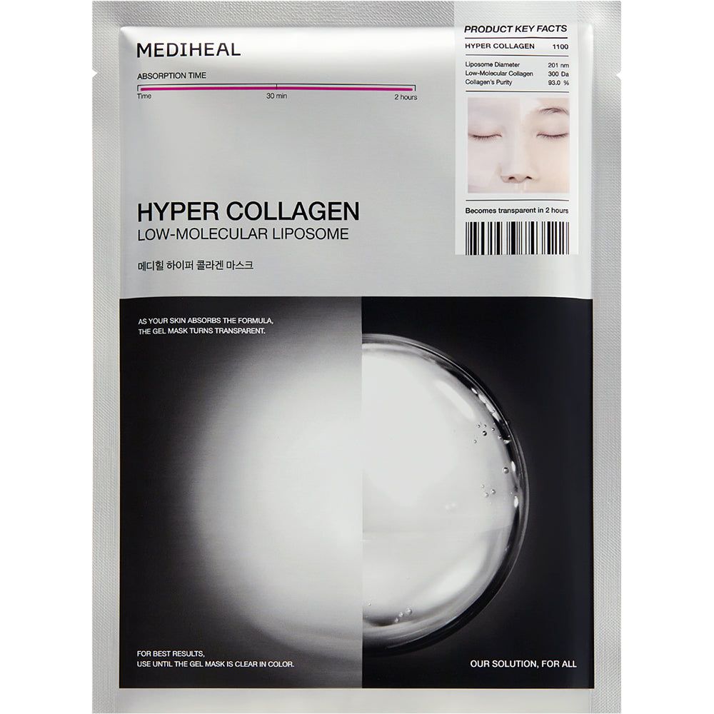 Verpackung der MEDIHEAL Hyper Collagen Maske. Text: Low-Molecular Liposome. Zeitangabe: 30 min - 2 Stunden. Barcode. Gel wird transparent.