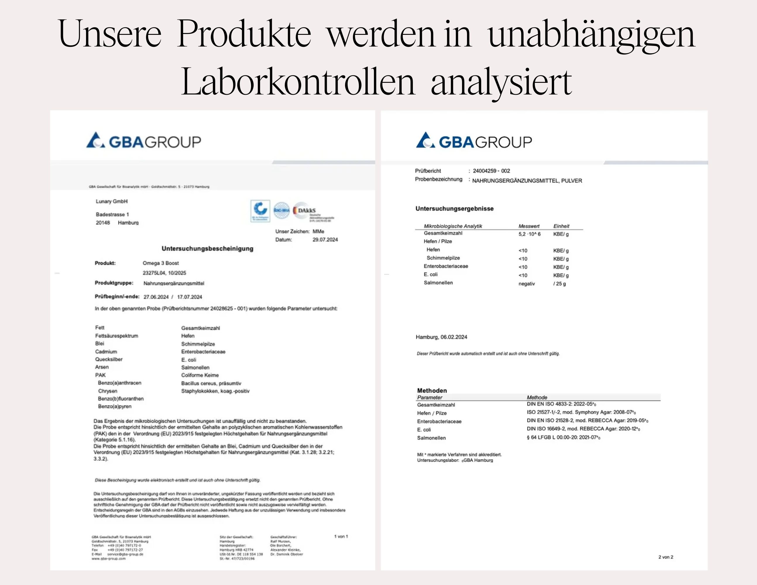 Zwei Laborberichte. Text: Unsere Produkte werden in unabhängigen Laborkontrollen analysiert. GBA GROUP.