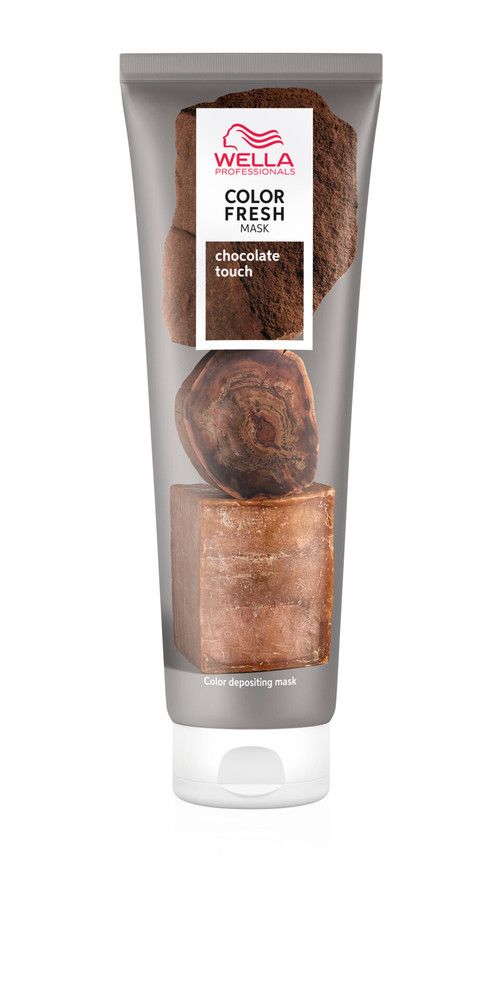 Tube mit Wella Color Fresh Mask Chocolate Touch. Grauer Tube mit weißem Verschluss. Produktname und Logo sichtbar.