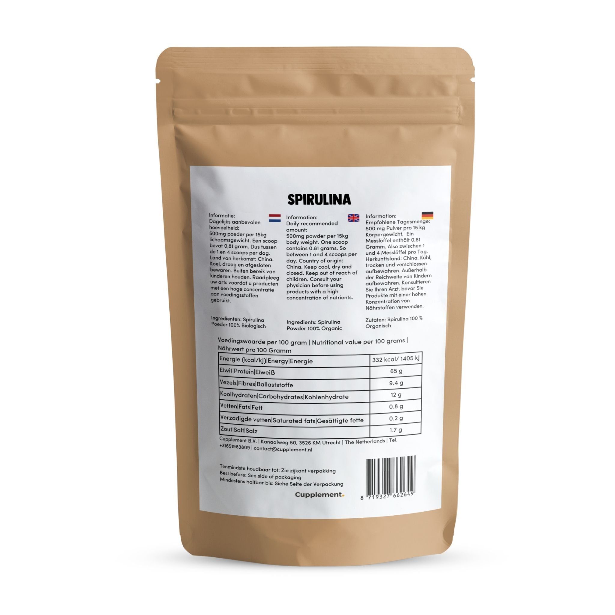 Rückseite der Spirulina-Pulver-Verpackung. Informationen in verschiedenen Sprachen. Nährwertangaben.