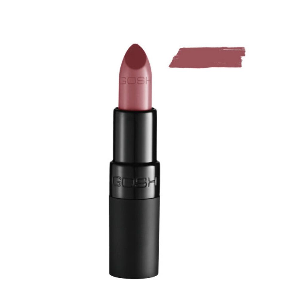 Lippenstift mit schwarzer Hülse. Rosa Lippenstiftfarbe und Farbmuster daneben. GOSH-Schriftzug auf dem Stift.