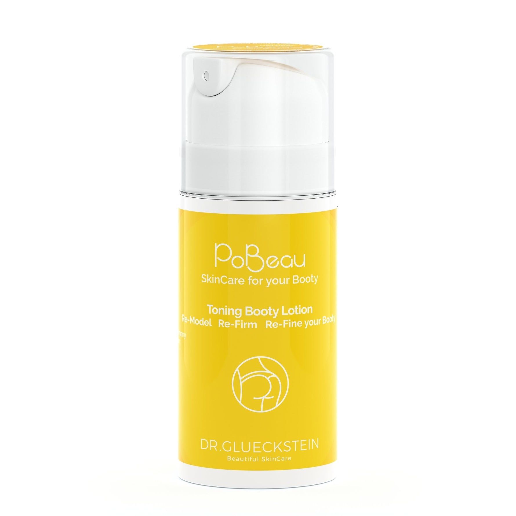 Gelbe Flasche mit weißem Deckel. Aufschrift: Pobeau SkinCare for your Booty, Toning Booty Lotion. Logo: Gesäßumriss.