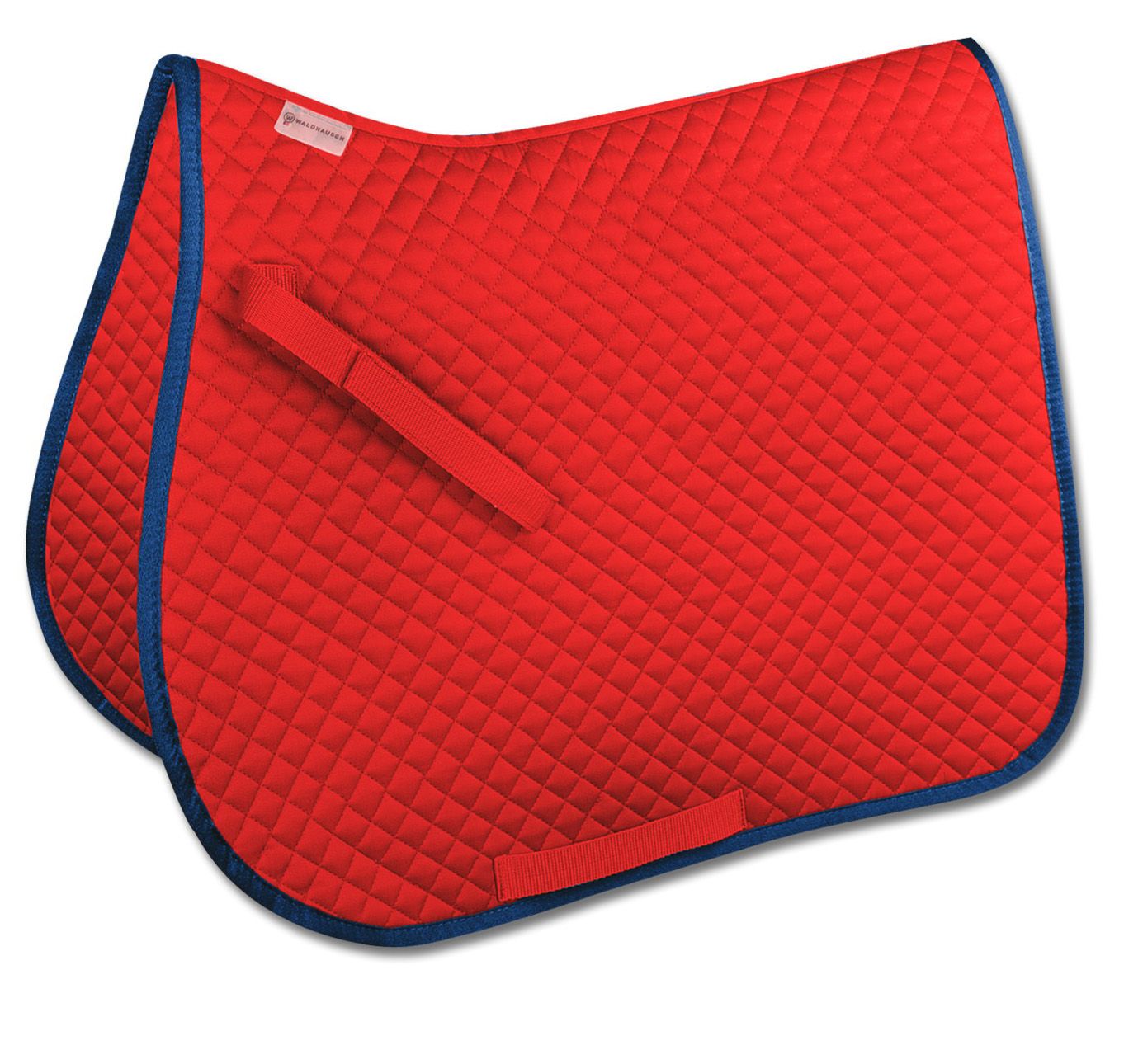 Rote Satteldecke mit blauer Umrandung und Steppung. Rechteckige Form mit Schlaufen und Gurten.