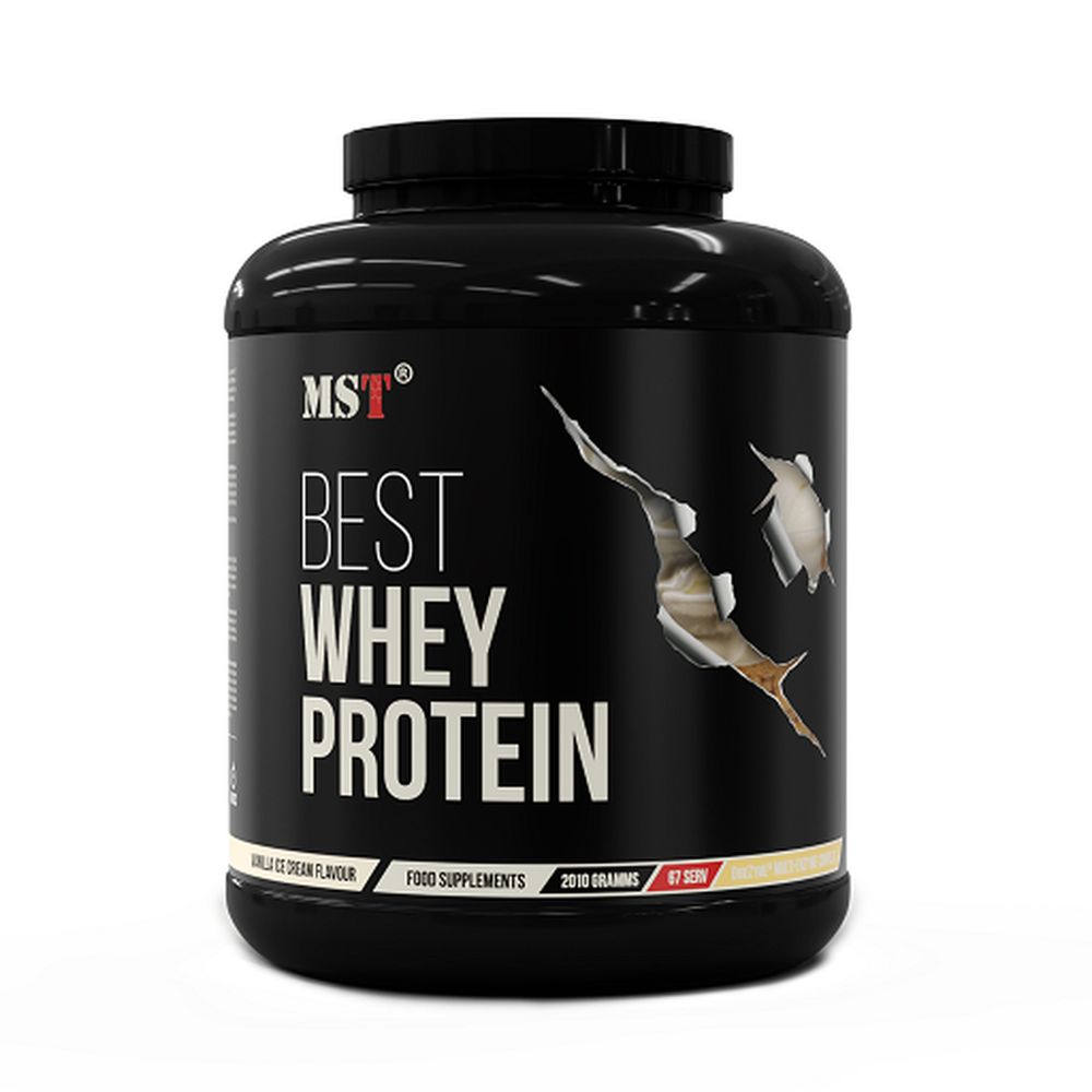 Schwarze Dose mit MST Best Whey Protein Aufschrift. Enthält 2010 Gramm, 67 Portionen. Vanille-Eis-Geschmack.