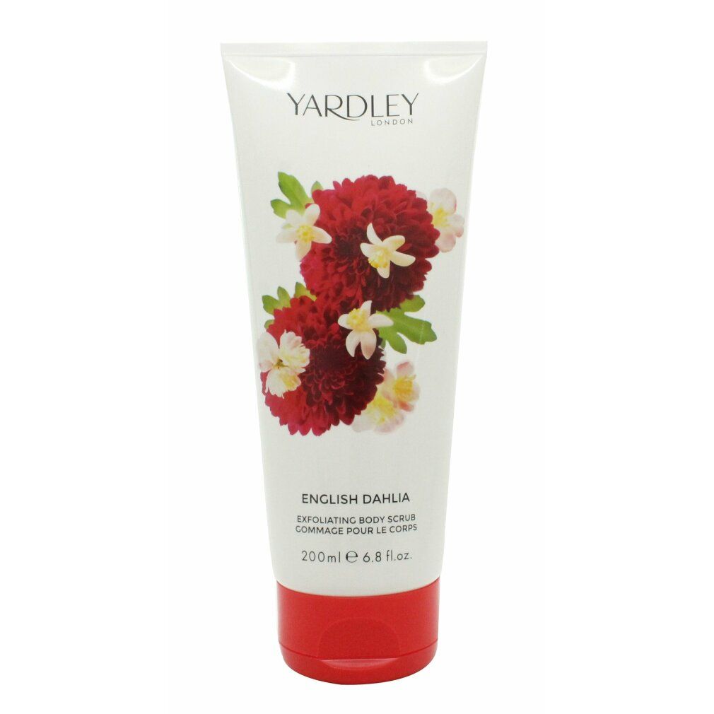 Weiß-rote Tube mit floralem Design. Schriftzug: Yardley London, English Dahlia, Exfoliating Body Scrub. 200ml.