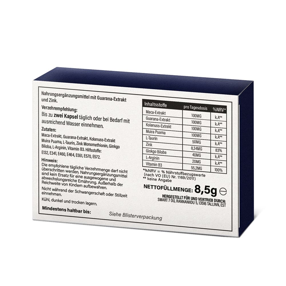 Rückseite der Schachtel mit Inhaltsstoffangaben und Nährwerttabelle. Enthält Guarana-Extrakt, Maca-Extrakt, Zink, etc. Nettogewicht: 8,5g.