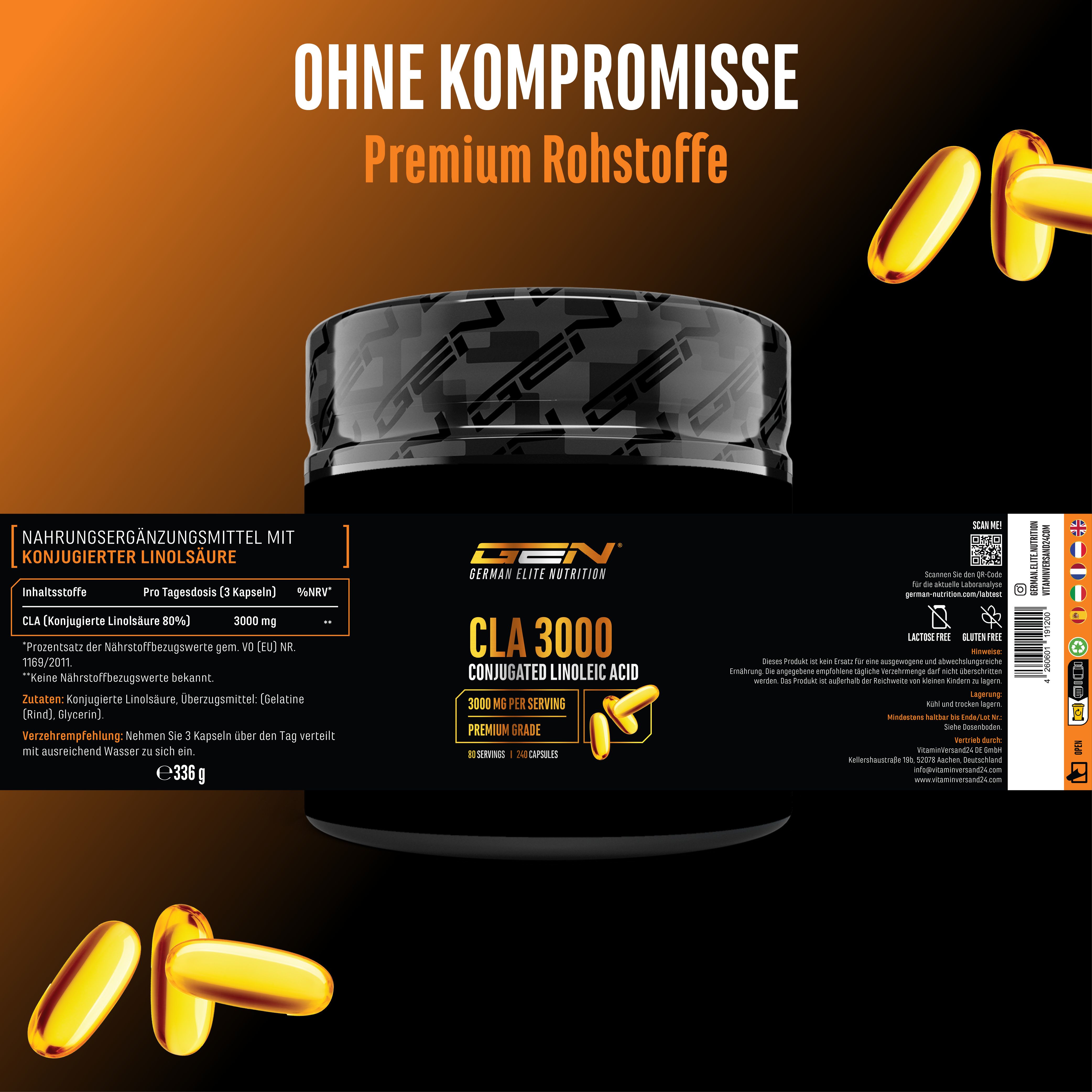 CLA 3000 Dose mit Nährwertangaben. Enthält 336g. Zutaten: konjugierte Linolsäure. Empfehlung: 3 Kapseln täglich mit Wasser.