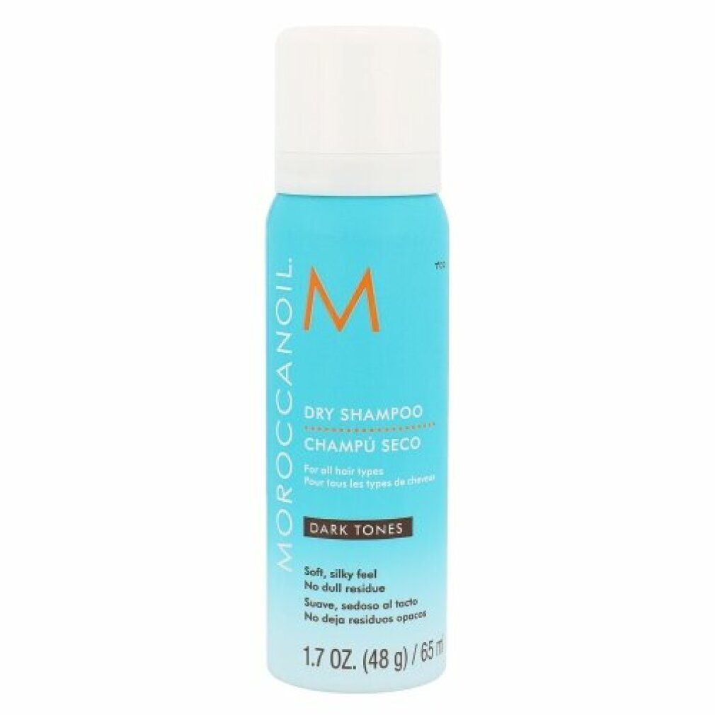 Türkisfarbene Sprühflasche mit weißem Deckel. Aufschrift: Dry Shampoo, Dark Tones. Marke: Moroccanoil. Inhalt: 1.7 oz (48 g) / 65 ml.