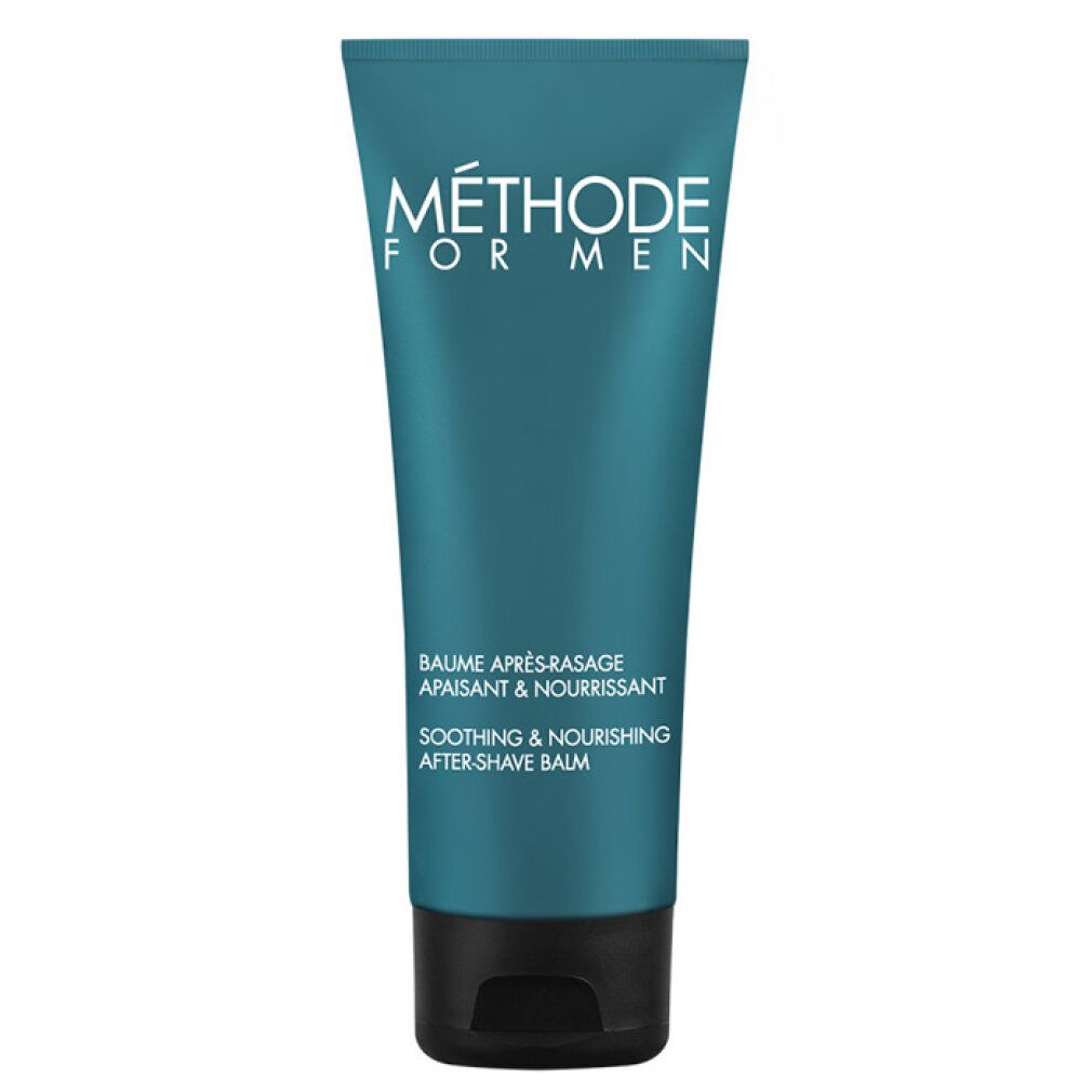 Türkise Tube mit schwarzem Verschluss. "Méthode For Men" und Produktbeschreibung in Weiß.