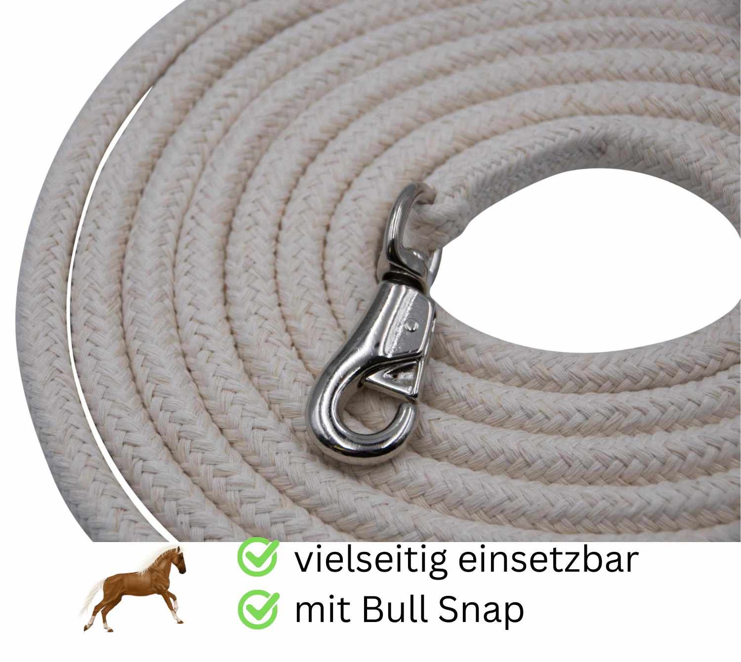 Nahaufnahme eines cremefarbenen, geflochtenen Seils mit Karabinerhaken.