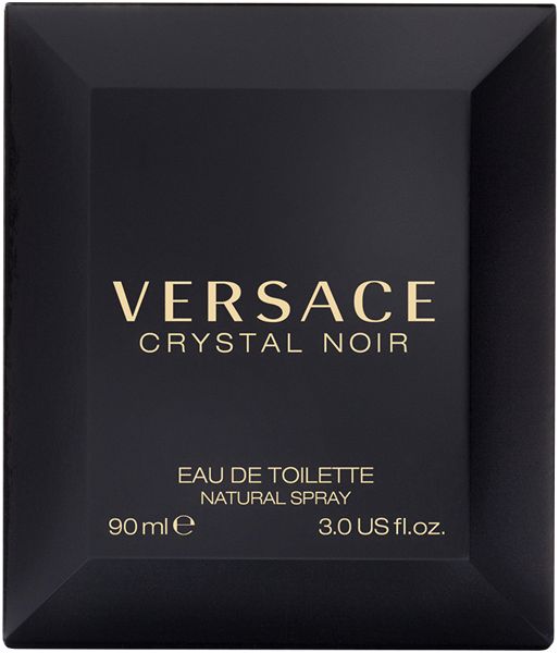 Versace Crystal Noir Eau de Toilette. Schwarze Verpackung mit Logo und Produktinformationen.
