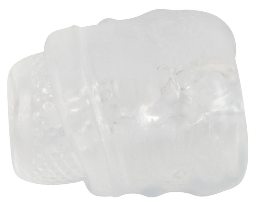 Transparenter Masturbator mit Noppenstruktur und inneren Rippen.
