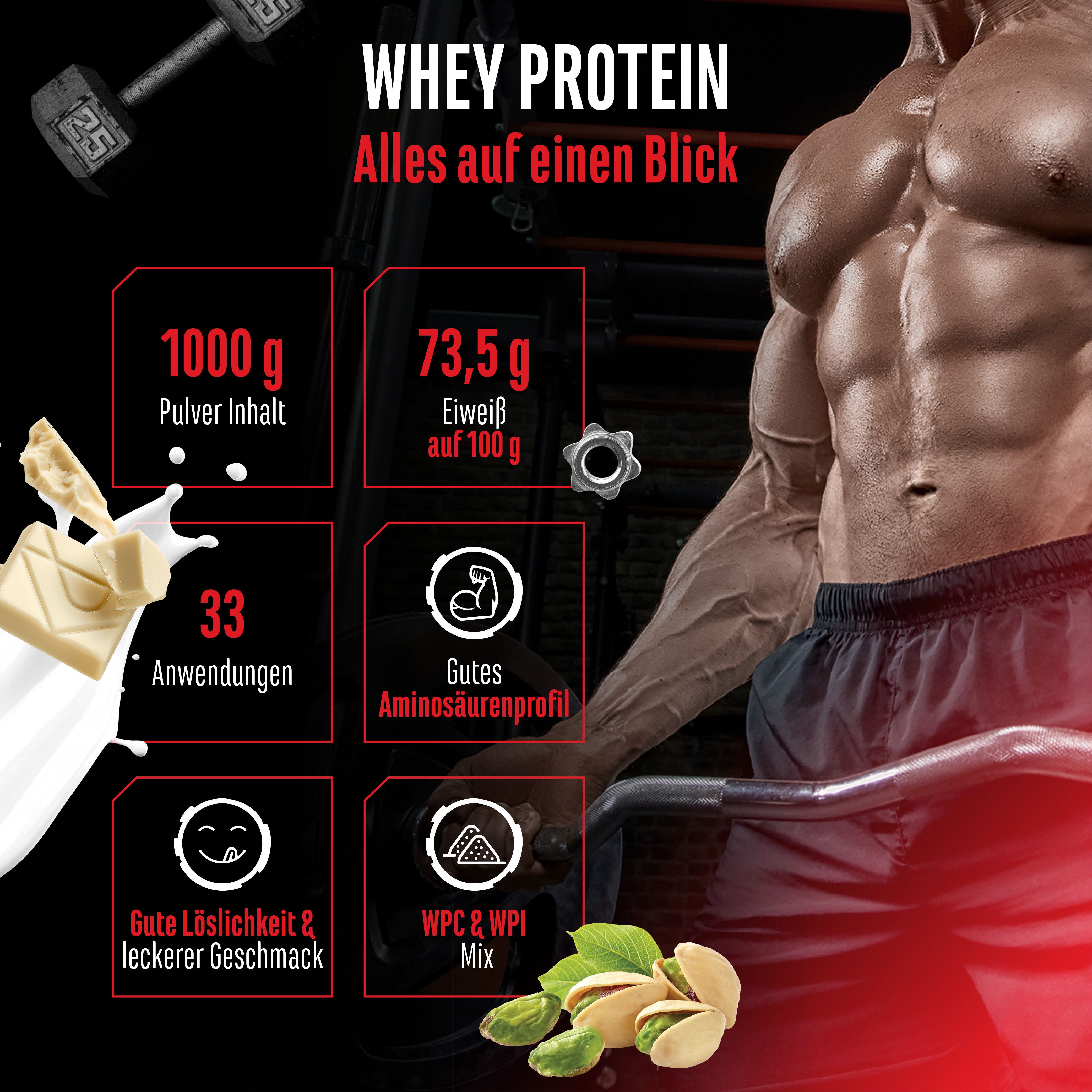 Werbebild mit Whey Protein. Informationen: 1000g Pulver, 73,5g Eiweiß pro 100g, 33 Anwendungen, gutes Aminosäurenprofil, gute Löslichkeit, WPC & WPI Mix.