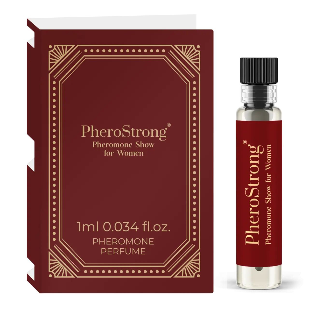 Flakon und Verpackung von PheroStrong. Roter Flakon mit schwarzem Verschluss. Rote Verpackung mit goldfarbenem Rahmen und Schriftzug.