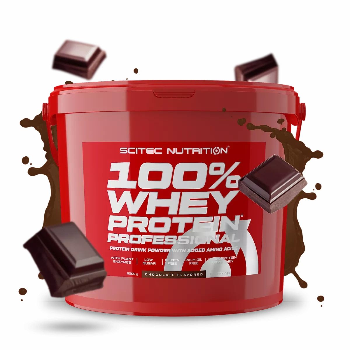 Roter Eimer mit Scitec Nutrition 100% Whey Protein Professional. Schokoladenstücke und -spritzer. Text: Chocolate Flavored.