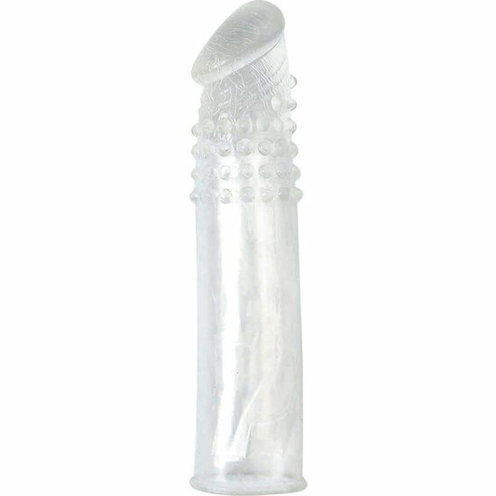 Transparente Silikon-Penisverlängerung. Mit Noppen und geriffelter Spitze. Zylindrische Form.