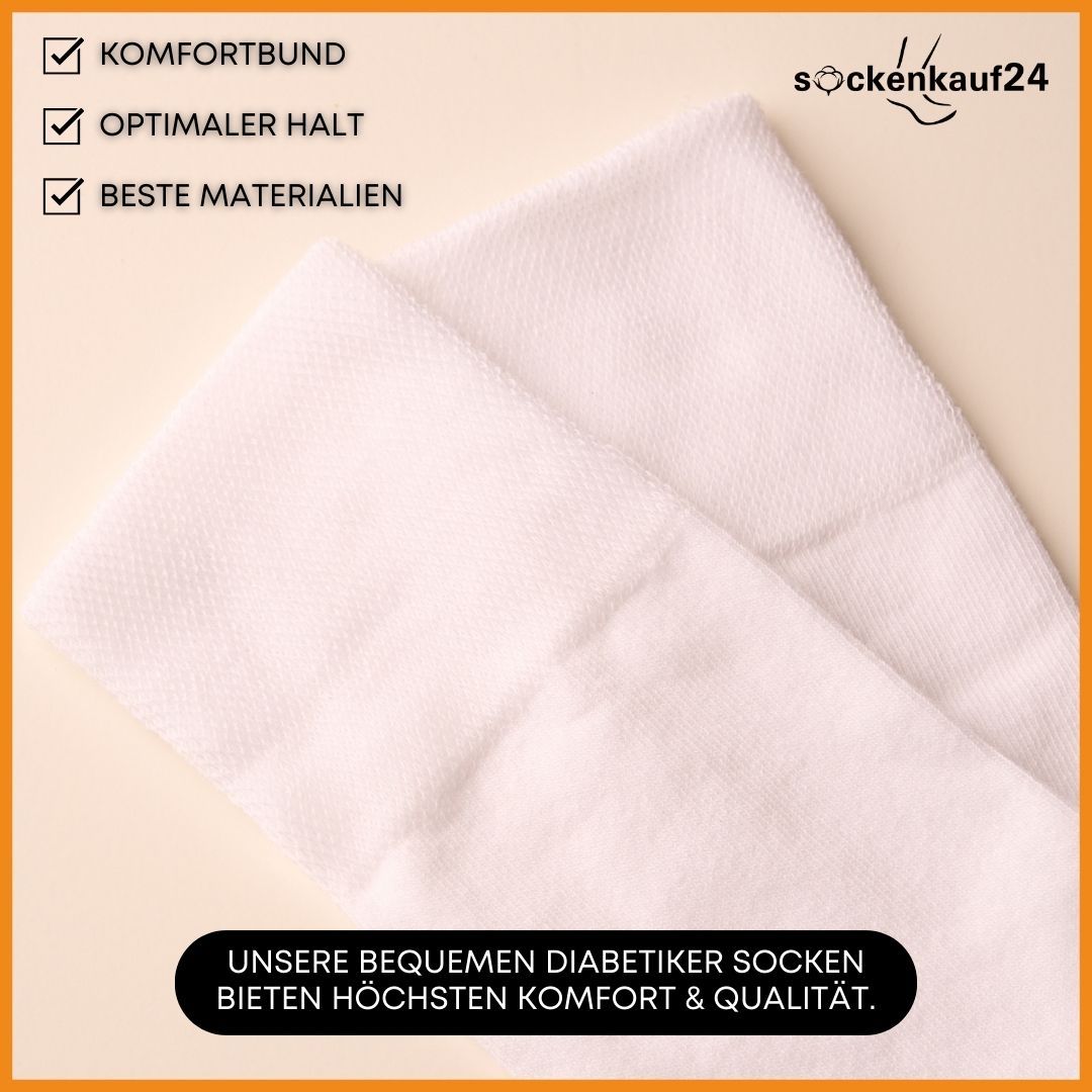 Zwei weiße Socken. Text: Komfortbund, optimaler Halt, beste Materialien. Text unten: Unsere bequemen Diabetiker Socken bieten höchsten Komfort & Qualität.