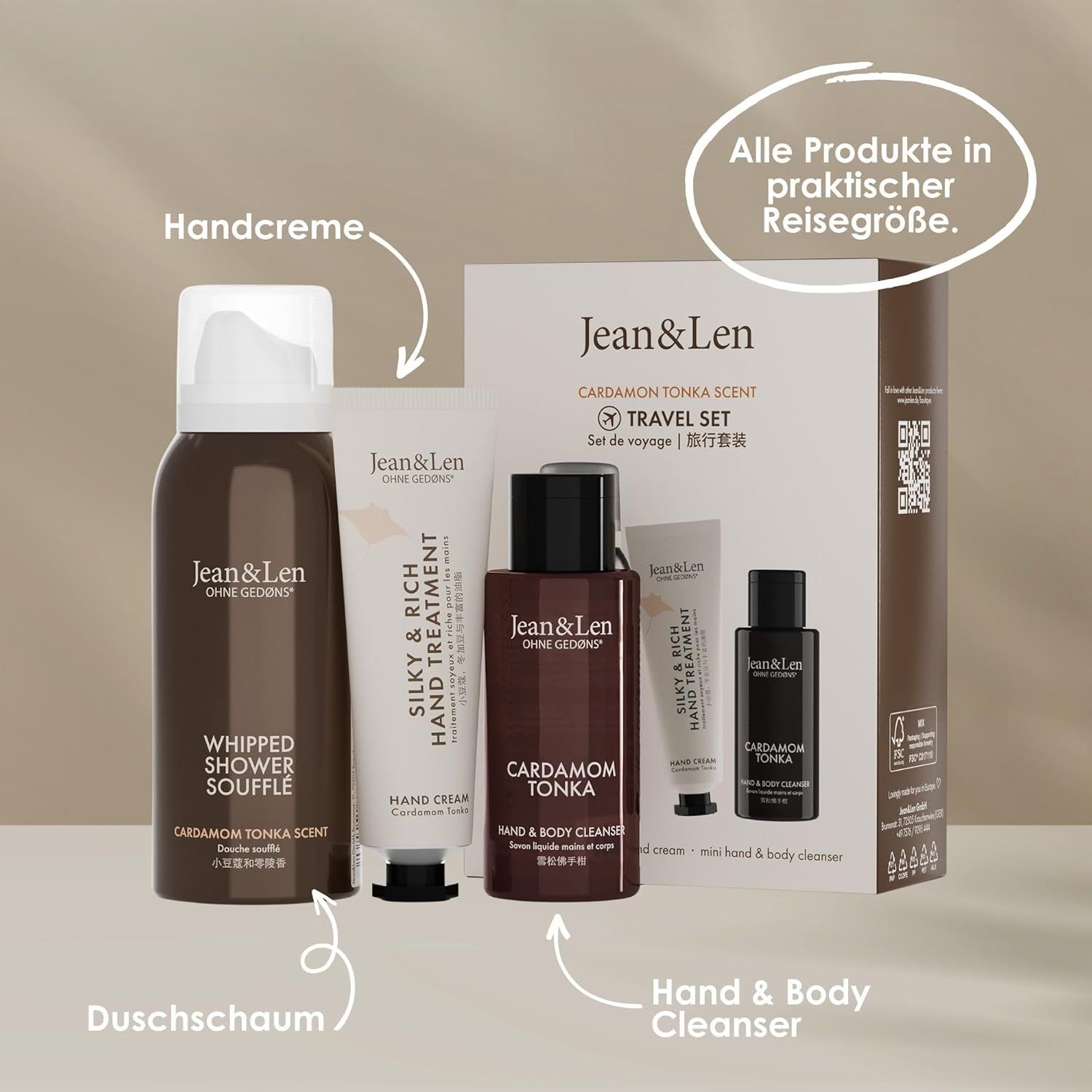 Produktset mit Duschschaum, Handcreme und Hand- & Body Cleanser. Beschriftung mit Produktnamen und Logo. Alle Produkte in Reisegröße.