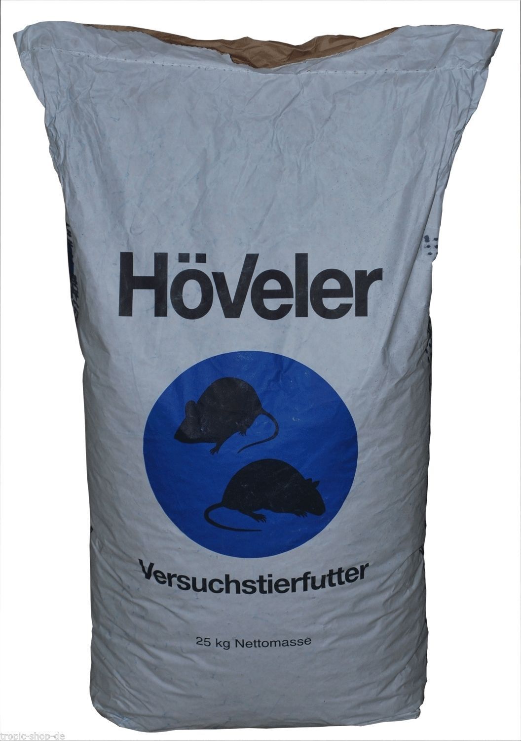 Sack mit Aufschrift "Höveler". Blaue Kreis mit zwei Ratten-Silhouetten. Text: Versuchstierfutter, 25 kg Nettomasse.