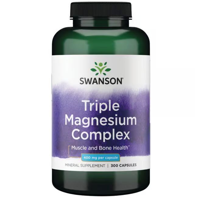 Grüne Flasche mit weißem Etikett. Aufschrift: SWANSON Triple Magnesium Complex, 400 mg pro Kapsel. 300 Kapseln.