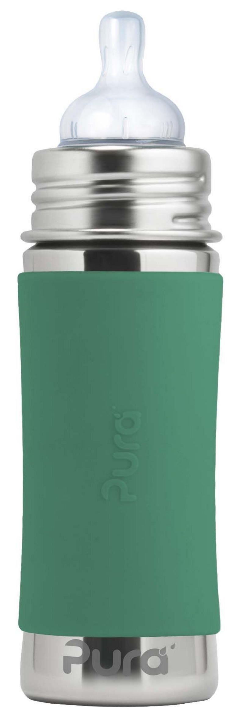 Babyflasche mit Silikon-Sleeve. Edelstahl-Flaschenkörper, grüner Sleeve, Sauger. Marke: Pura.