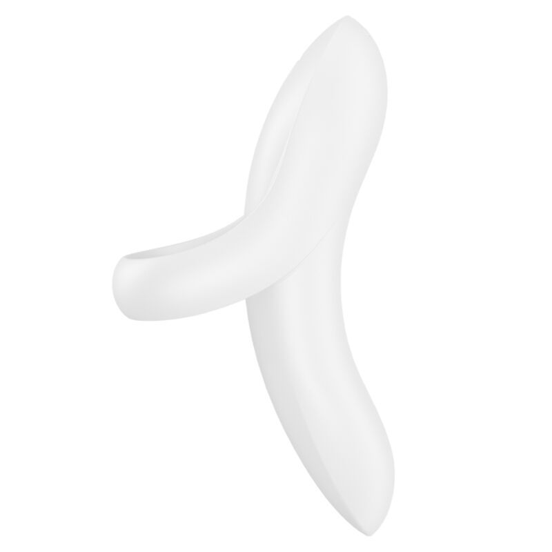 Ein weißer Fingervibrator in gebogener Form, der eine ergonomische Handhabung ermöglicht. Aus flexiblem Material gefertigt.