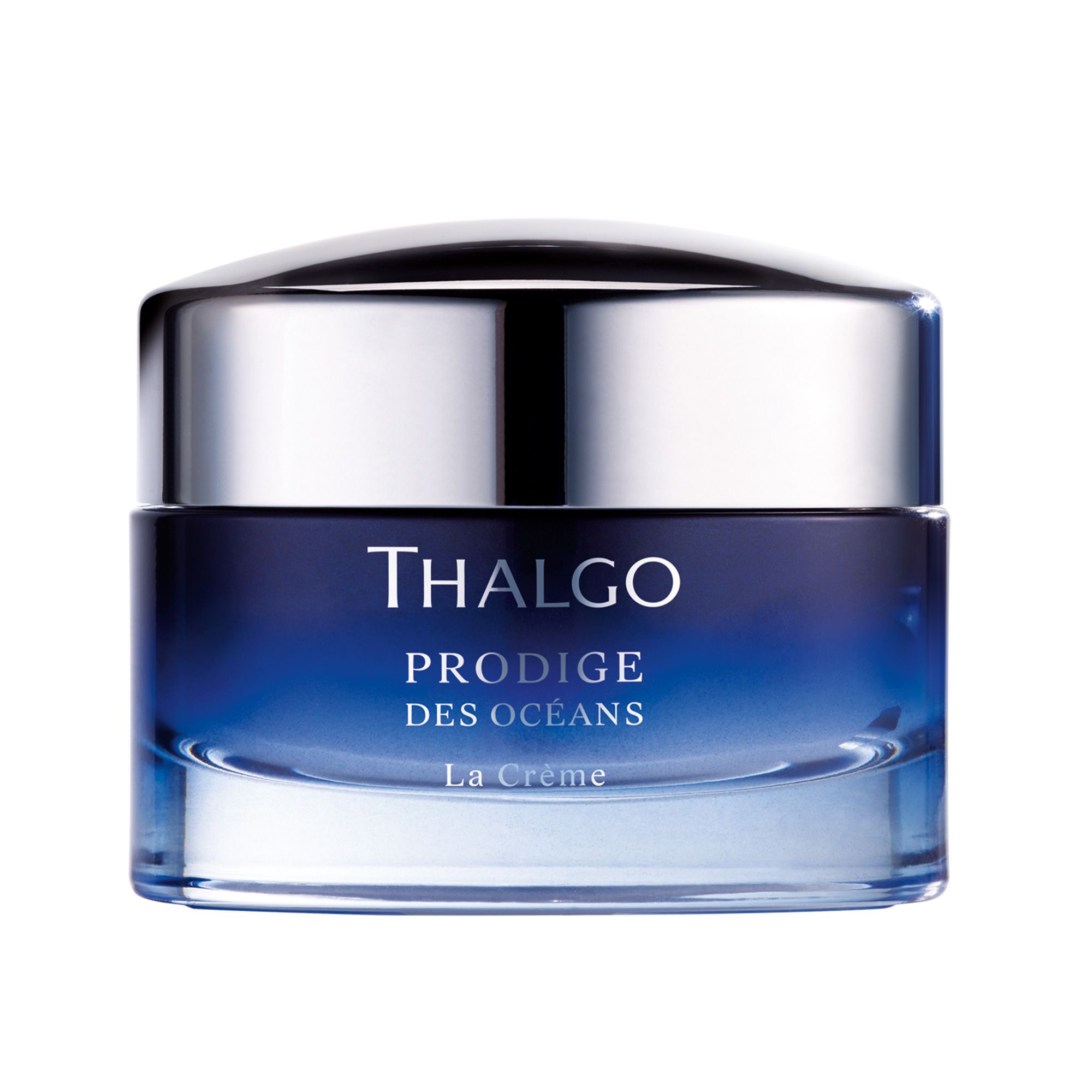 Tiegel mit blau-schattiertem Cremeinhalt und silbernem Deckel. Schriftzug: THALGO, PRODIGE DES OCEANS, La Crème.
