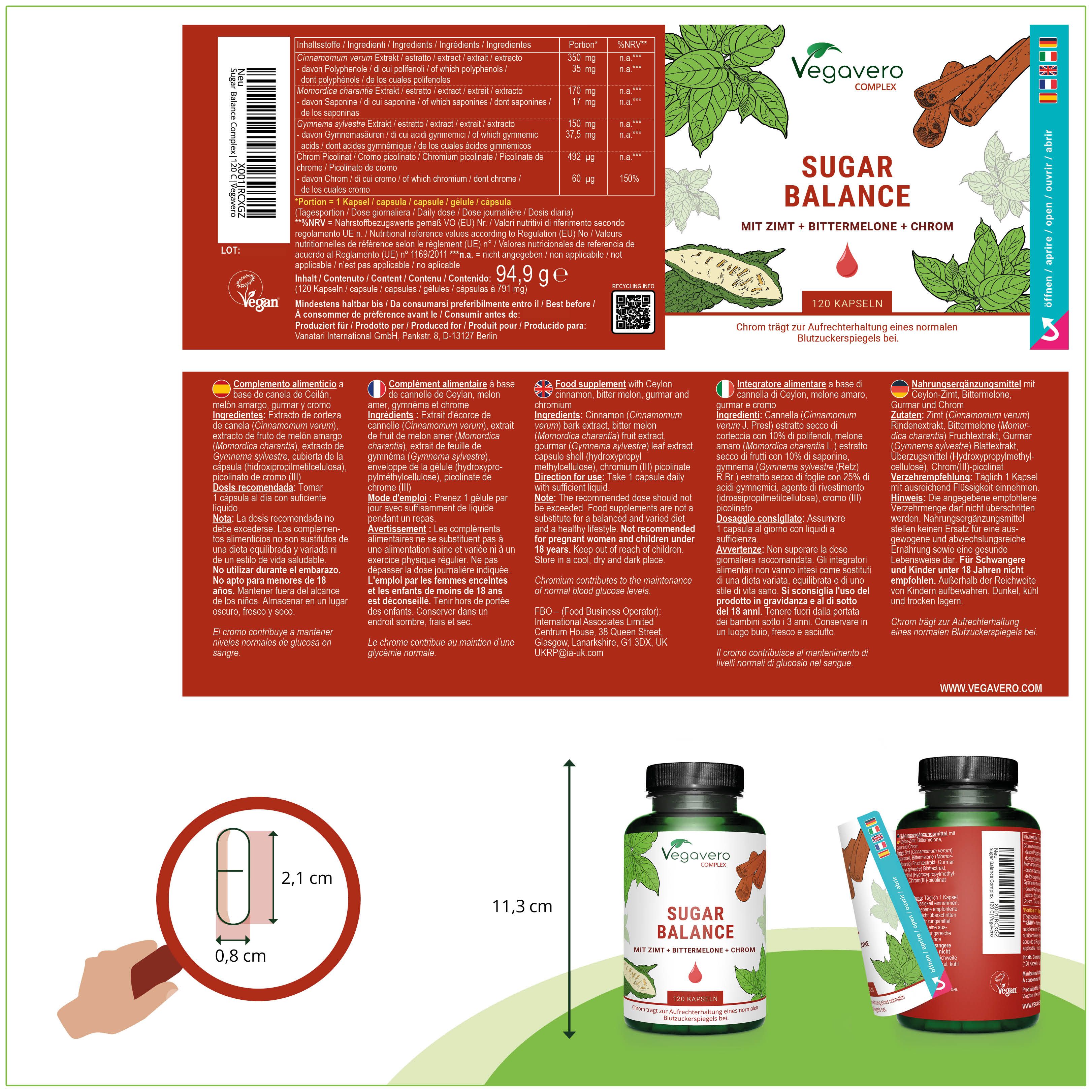 Produktverpackung mit Flasche und Kapsel-Darstellung. Aufschrift: Sugar Balance. Mit Zimt, Bittermelone und Chrom. Maße: 2,1 x 0,8 cm.