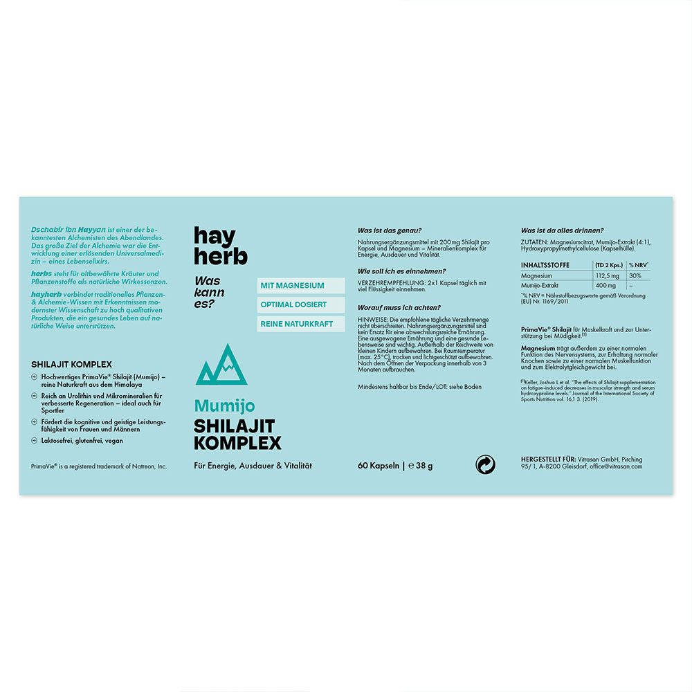 Produktverpackung mit Text und Inhaltsangaben. Aufschrift: hay herb, Mumijo Shilajit Komplex. Blauer Hintergrund.