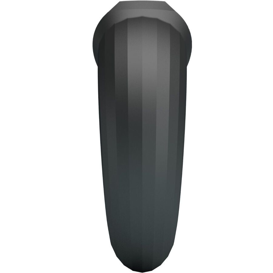 Schwarzes, längliches Produkt mit geriffelter Oberfläche. Oben abgerundet, unten spitz zulaufend. Aus Gummi oder Silikon.