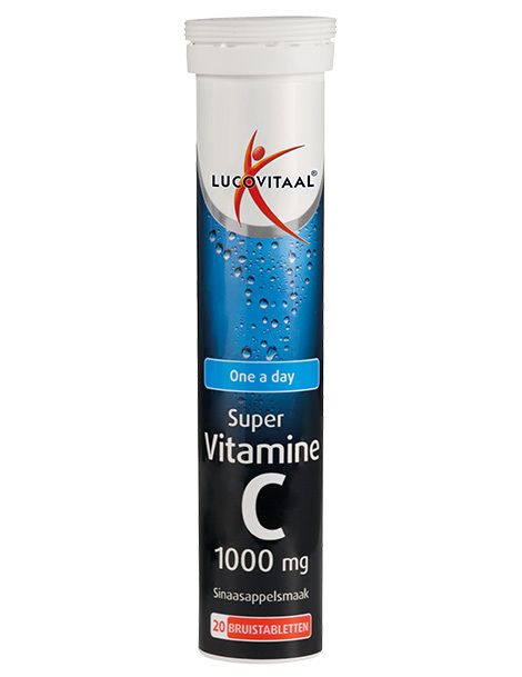 Tube mit Lucovitaal Super Vitamin C 1000 mg Brausetabletten, Orangengeschmack. 20 Stück.