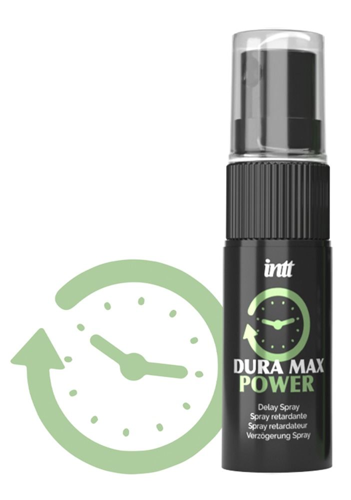Schwarze Sprühflasche mit "Dura Max Power"-Logo und Uhr-Symbol. Produktname und "Delay Spray" in Grün.