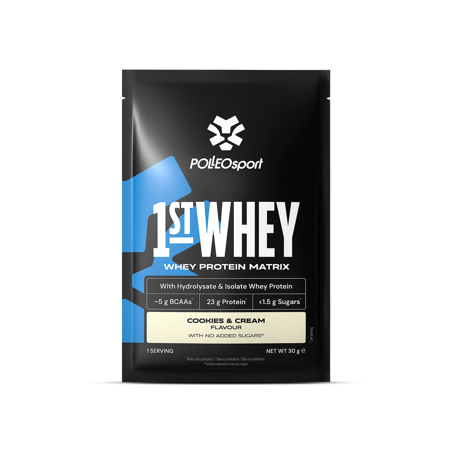 Polleo 1st Whey Protein Matrix Beutel, Cookies & Cream Geschmack, 30g.