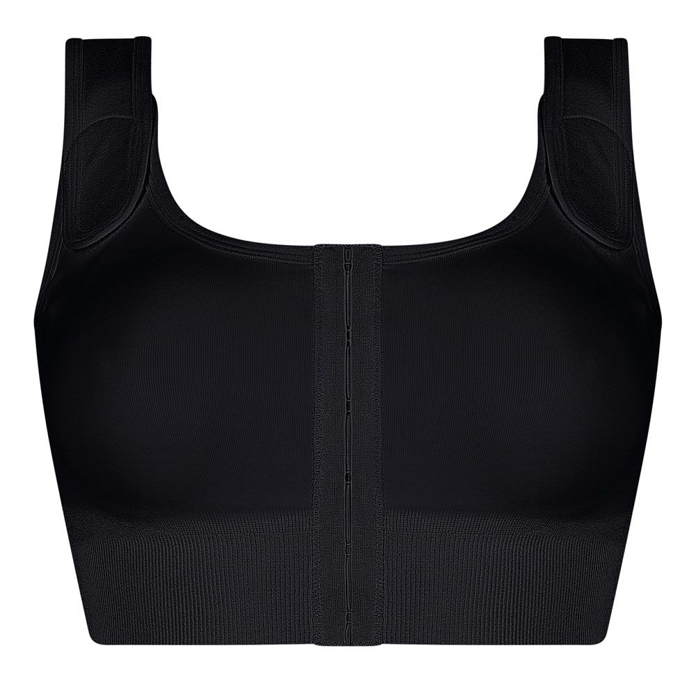 Schwarzer Post-OP BH. Vorderansicht. Frontverschluss, breite Träger.