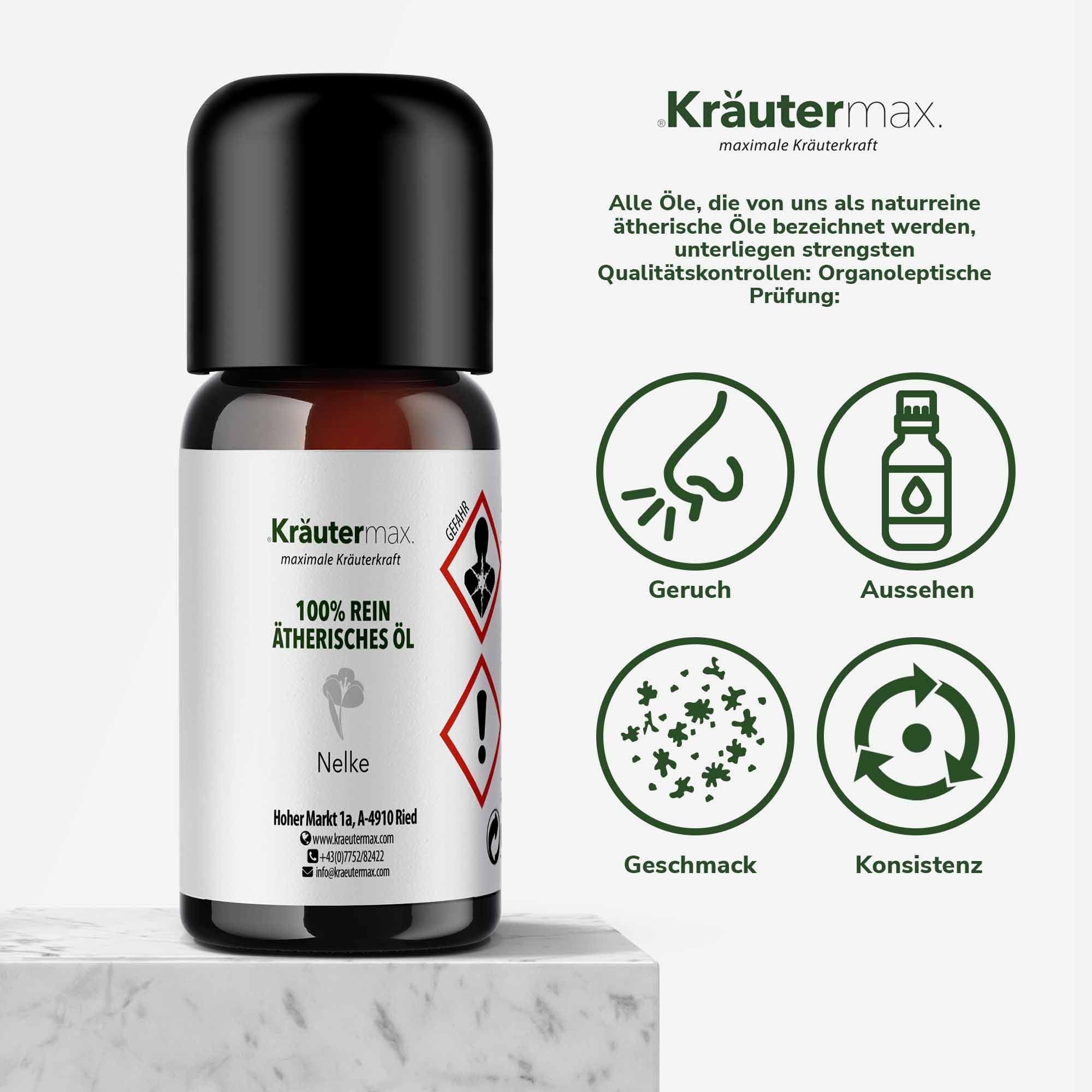 Braune Glasflasche mit schwarzem Deckel. Etikett mit Text und Logo. Vier Symbole: Geruch, Aussehen, Geschmack, Konsistenz. Text: 100% reines ätherisches Öl.