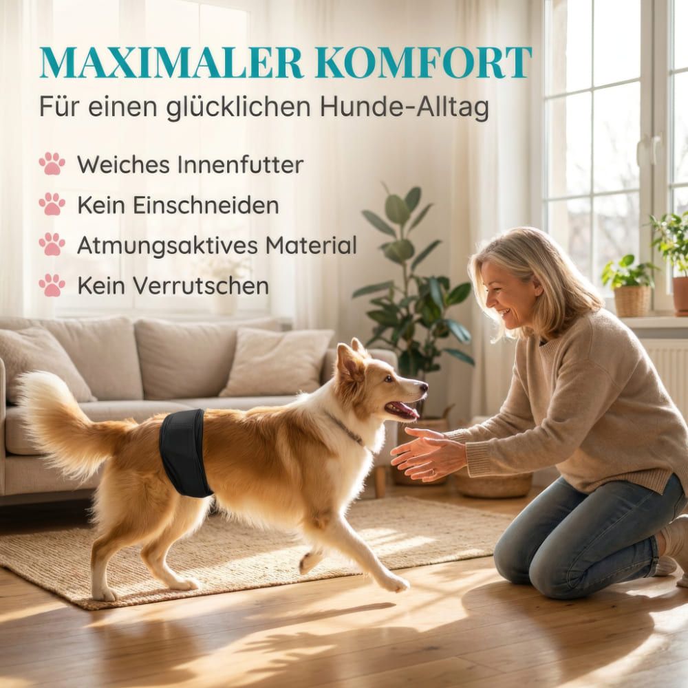 Hund mit schwarzer Bauchbinde rennt auf Frau zu. Text: Weiches Innenfutter, kein Verrutschen.
