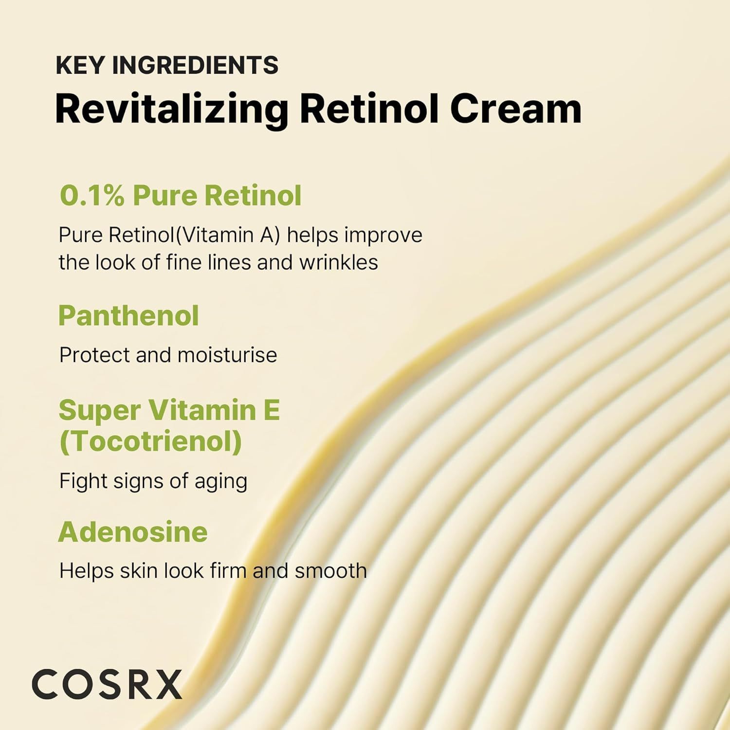 Text 'Revitalizing Retinol Cream' mit Liste der Inhaltsstoffe wie Retinol, Panthenol und Vitamin E.