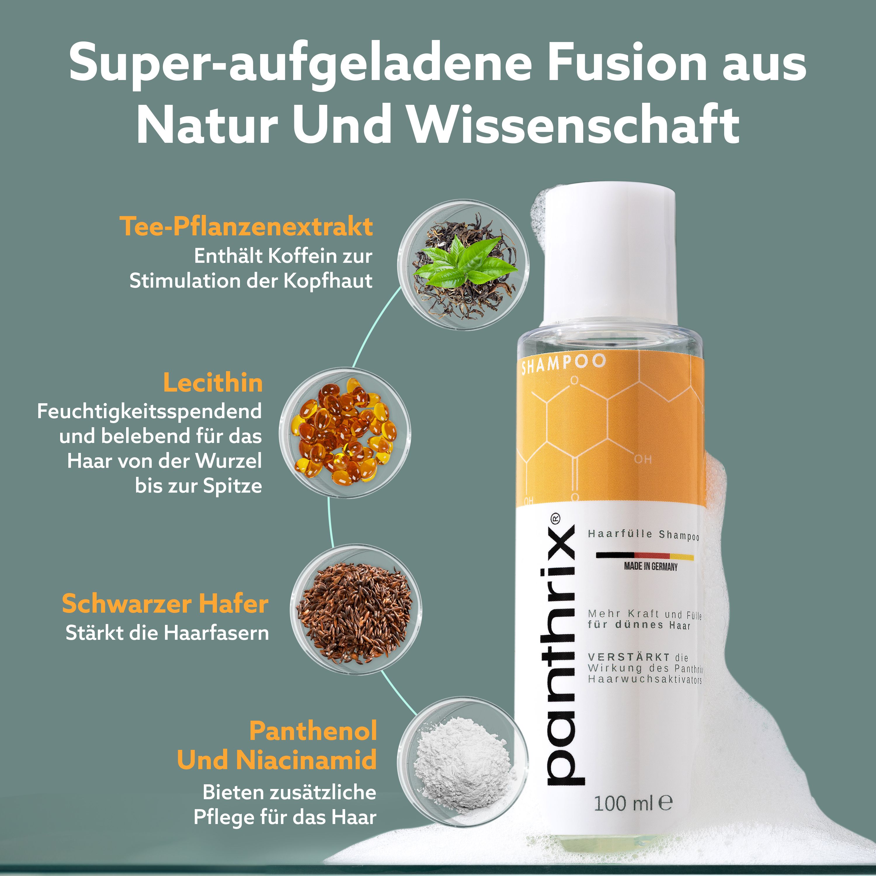Shampoo-Flasche mit Zutaten. Text: Super-aufgeladene Fusion aus Natur und Wissenschaft.