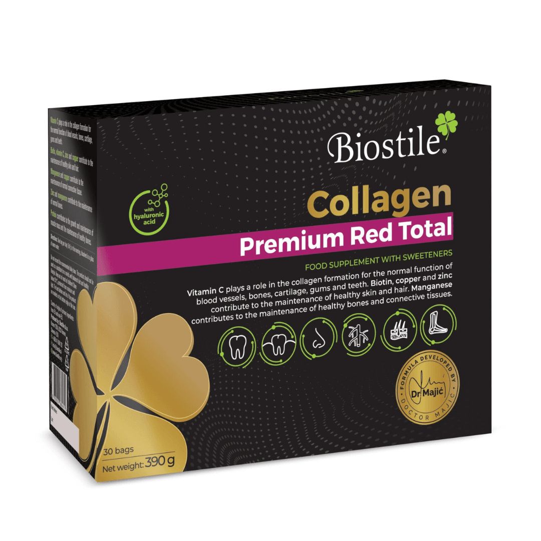 Schachtel Biostile Collagen Premium Red Total. Schwarzer Hintergrund, goldene Kleeblattform.