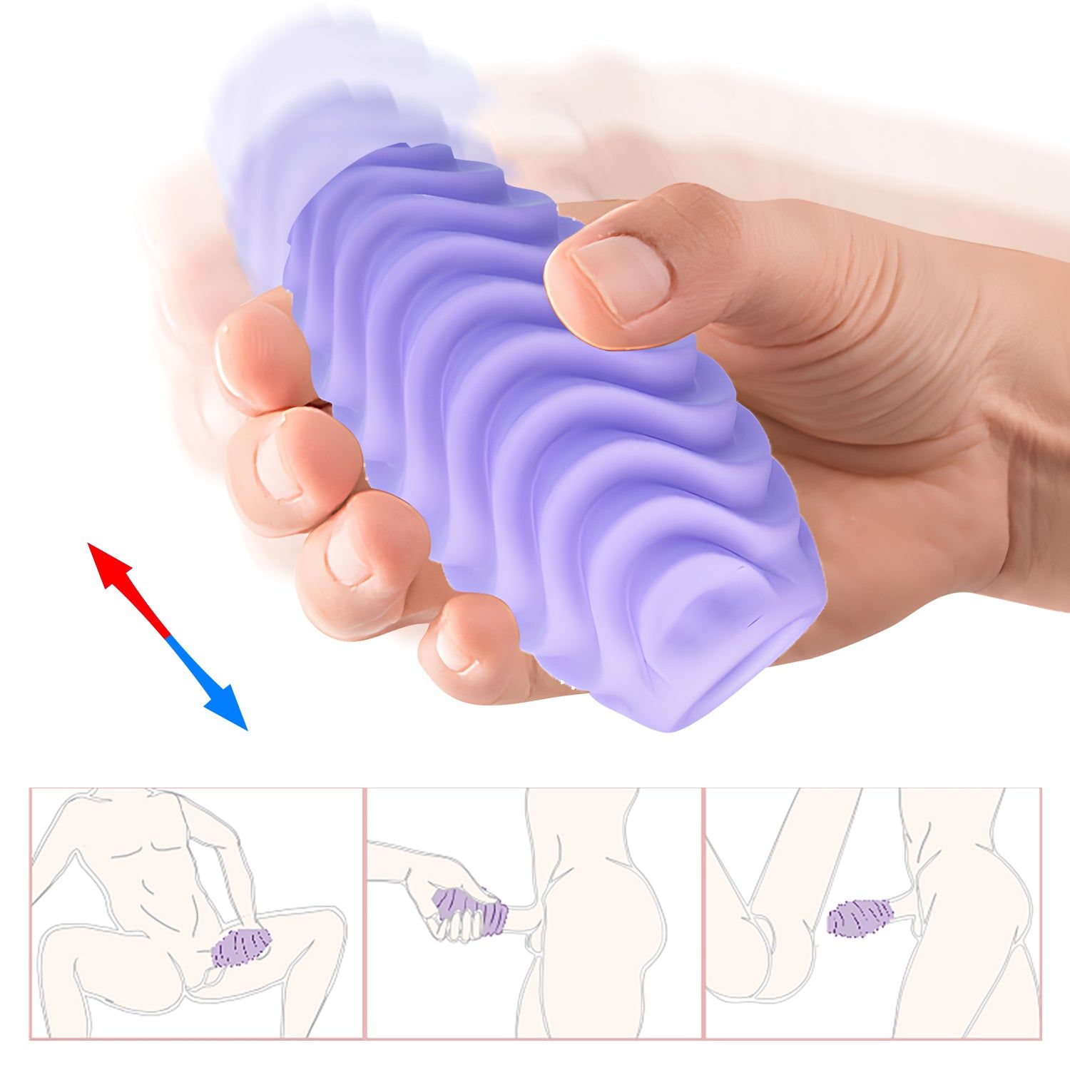 Person hält lila, eiförmiges Produkt. Pfeile zeigen Bewegungsrichtung. Illustrationen zeigen Anwendung.