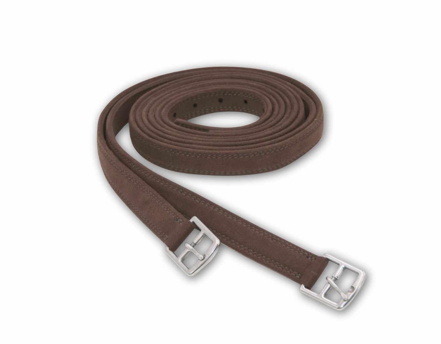 Braune Steigbügelriemen mit silberfarbenen Schnallen, auf weißem Hintergrund.